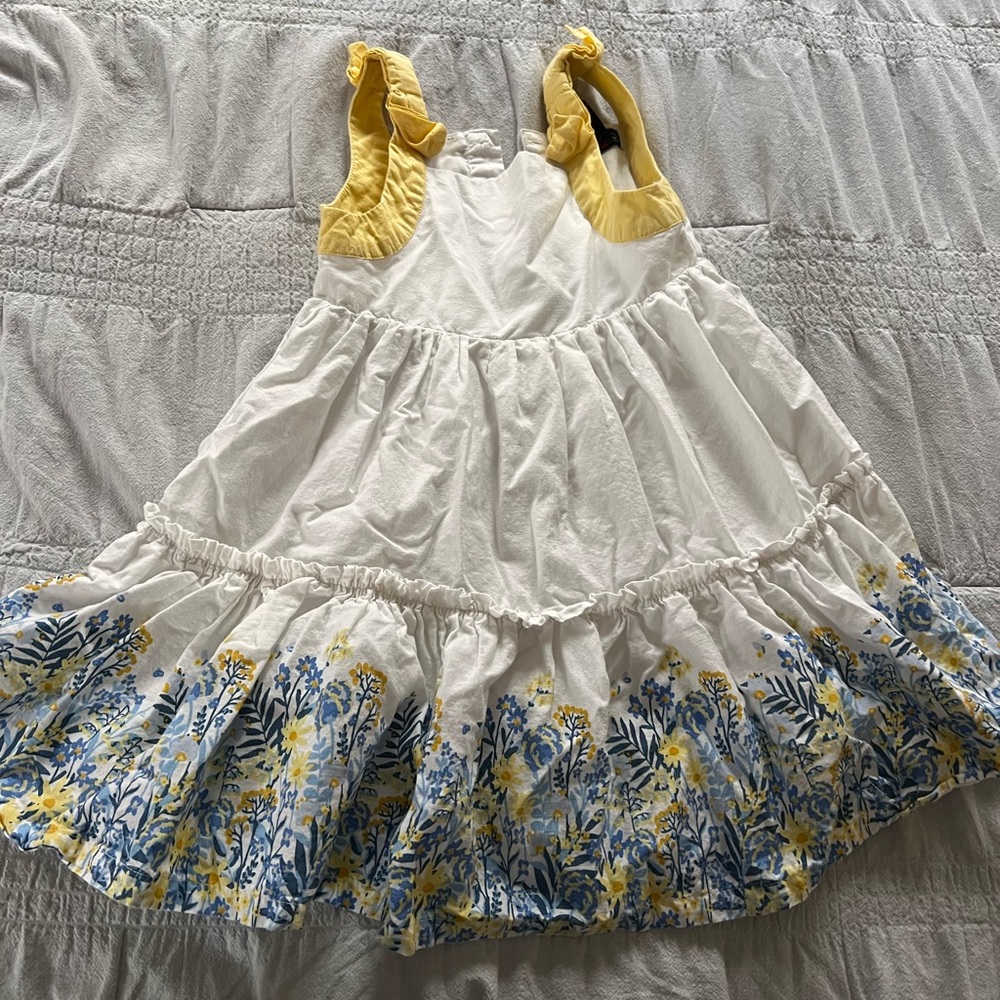 4T White Sundress with Yellow Ruffle Straps & Blue-Yellow Floral Hem